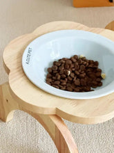 White ceramic pet bowl with cute pet branding filled with brown kibble