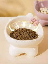White ceramic cat-shaped pet bowl with pink bowknot and slanted interior