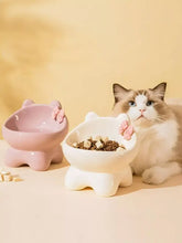 Pink and white ceramic pet bowl with bowknot decoration