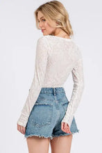 White lace long sleeve bodysuit with delicate floral pattern by Ces Femme velvet for elegant wear
