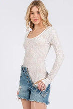 White lace long sleeve bodysuit with floral pattern from Ces Femme velvet floral long sleeve bodysuit collection