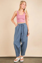 Blue high-waisted wide-leg woven pants with elastic waistband and side pockets from VERY J solid barrel comfy collection