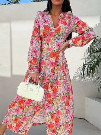 Floral Print Long Sleeve V-Neck Dress Red Woman Casual Dress