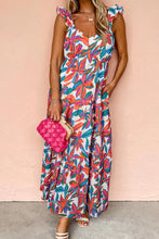 Floral Ruffled Strap V Neck Maxi Dress