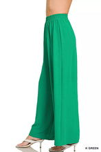 Emerald green wide-leg pants with ribbed woven airflow fabric and elastic waistband from zenana woven airflow collection