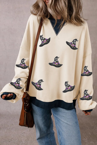 Sequin Hat Print Long Sleeve Sweatshirt Ivory Woman Sweatshirts