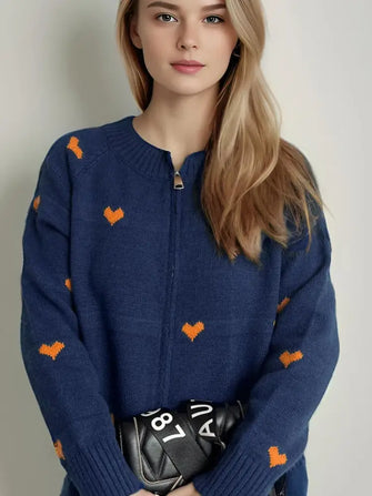 Heart Round Neck Zip Up Cardigan Dark Blue One Size Woman Outerwear