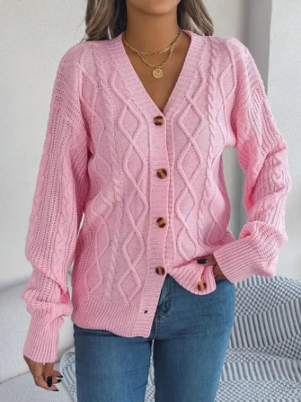Cable-Knit Long Sleeve Cardigan Blush Pink Casual Dresses