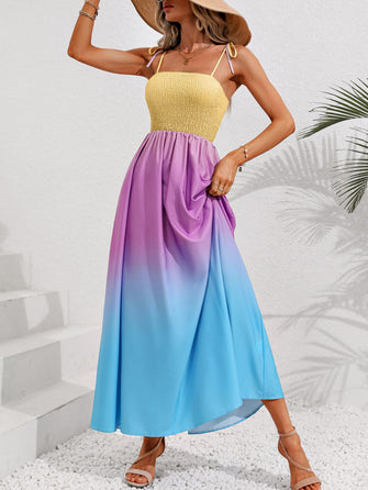 Honey Color Block Tie Shoulder Smocked Maxi Dress Multicolor