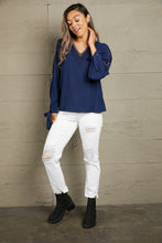 Perfee V-Neck Tie Cuff Slit Blouse Woman Blouses