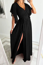 Black maxi dress with v-neck, side slit, machine wash cold