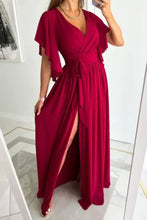 Wine-colored chiffon wrap dress with deep V-neck, high slit, machine wash cold