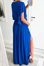 Maxikleid aus königsblauem Chiffon mit Rüschenärmeln, hohem Schlitz, maschinenwaschbar bei Kaltwäsche
