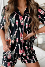 Champagne Print Short Sleeve Top and Shorts Set Black Woman Loungewear Sets