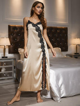 Champagne Satin Nightgown with Black Lace Trim Cream
