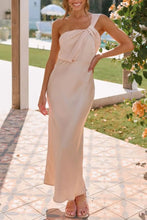 Champagne Satin One Shoulder Sleeveless Evening Dress Eggshell