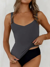 Charcoal gray tank top with square neckline and thin straps