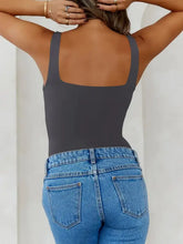 Charcoal gray bodysuit with thin straps and square neckline in swimwear set