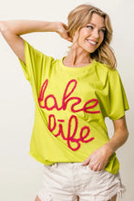 Chartreuse Metallic Letter Short Dolman Sleeve Lake Life T Shirt