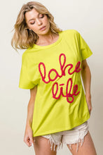 Chartreuse Metallic Letter Short Dolman Sleeve Lake Life T Shirt