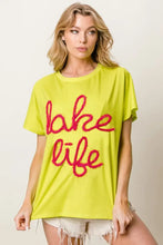 Chartreuse Metallic Letter Short Dolman Sleeve Lake Life T Shirt Woman T Shirts