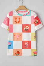 Checker Print Round Neck Short Sleeve T-Shirt Woman T Shirts