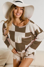 Checker Printed Hacci Long Sleeve Top with Pocket TAUPE