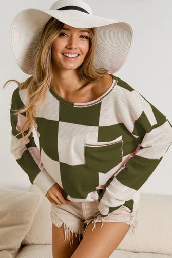 Checker Printed Hacci Waffle Knit Long Sleeve Shirt for Women OLIVE