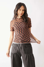 Checkerboard Mesh Short Sleeve Top for Women BROWN BLACK