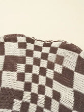 Checkerboard pattern sweater cardigan in brown and cream knit
