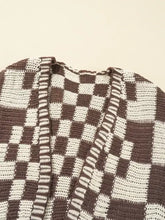 Checkerboard pattern sweater cardigan in brown and cream knit