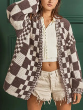 Cozy oversized checkerboard pattern sweater cardigan in brown and cream