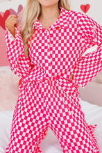 Checkerboard print long sleeve pink white pajama top pants set