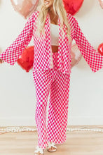 Checkerboard print long sleeve top and pants set in vibrant pink and white