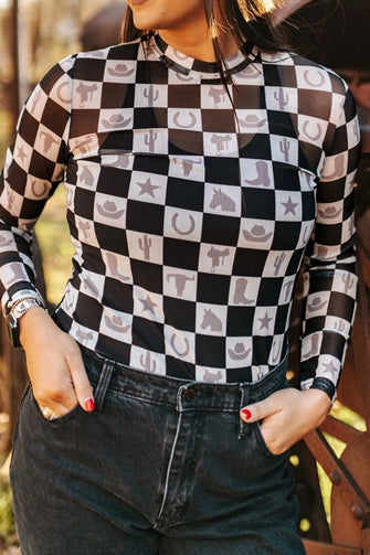 Checkerboard Western Mesh Long Sleeve Bodysuit for Women Black