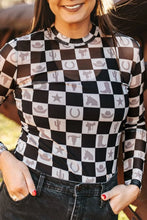 Checkerboard Western Mesh Long Sleeve Bodysuit for Women