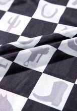 Checkerboard western mesh long sleeve bodysuit with checkered fabric and cowboy boot design