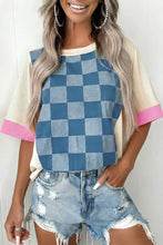 Blue and white checkered denim patchwork short sleeve loose top with cream sleeves and pink cuffs