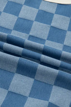 Checkered denim patchwork short sleeve loose top featuring blue and light blue checkered woven fabric texture
