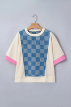 Short sleeve checkered denim patchwork top with blue white front panel, cream mesh sleeves, and pink trim cuffs