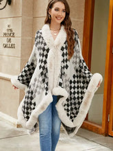 Checkered Faux Fur Trim Poncho Ivory One Size Woman Poncho
