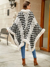 Checkered Faux Fur Trim Poncho Woman Poncho