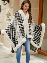 Checkered Faux Fur Trim Poncho Woman Poncho