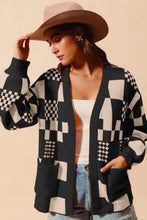 Checkered open cardigan sweater in black, white, beige pattern for women