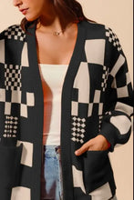 Black and white checkered open cardigan sweater with pockets for women
