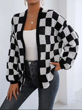 Black and white checkered open long sleeve cardigan with balloon sleeves
