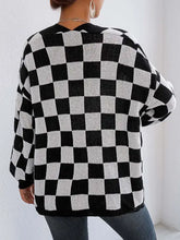 Black and white checkered open long sleeve cardigan with V-neck