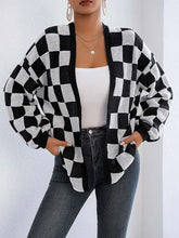 Oversized checkered open long sleeve cardigan in black and white knit squares