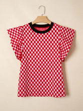 Red and white checkered print ruffle cap sleeve top with black ribbed neckline and round neck design