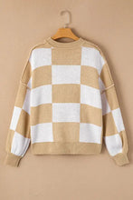 Checkered ribbed knit sweater in mustard beige and white with balloon sleeves
